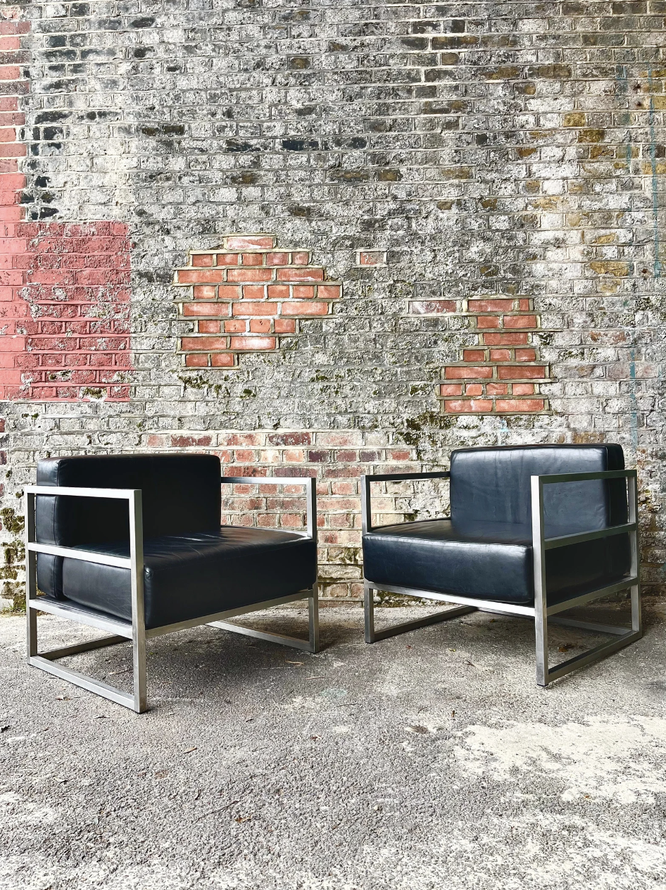 Unique Brutalist Modernist Pair Mid Century Armchairs Chairs Le Corbusier Style