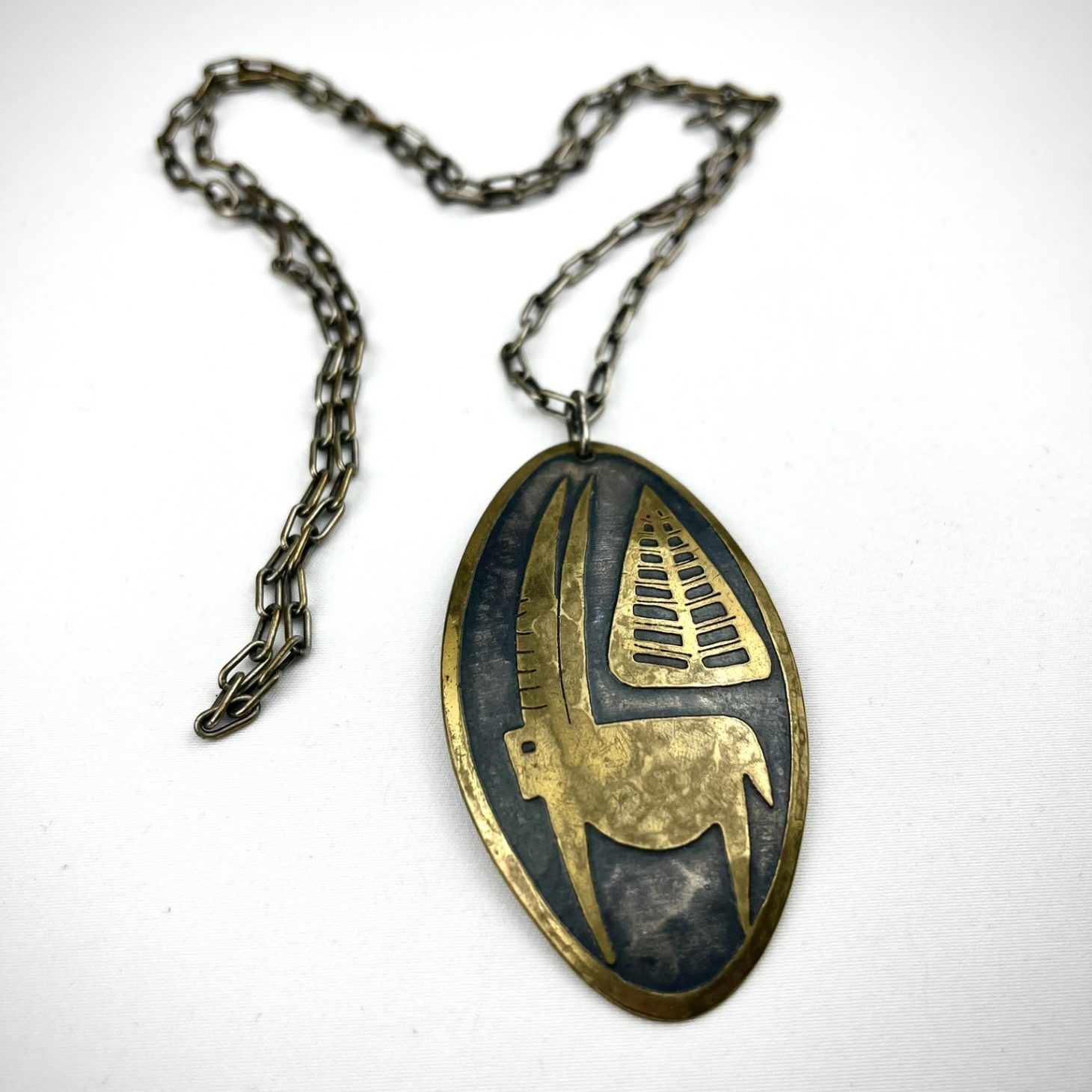 Stylish Steinlin Hammered Brass Pendant, Swiss 1950s