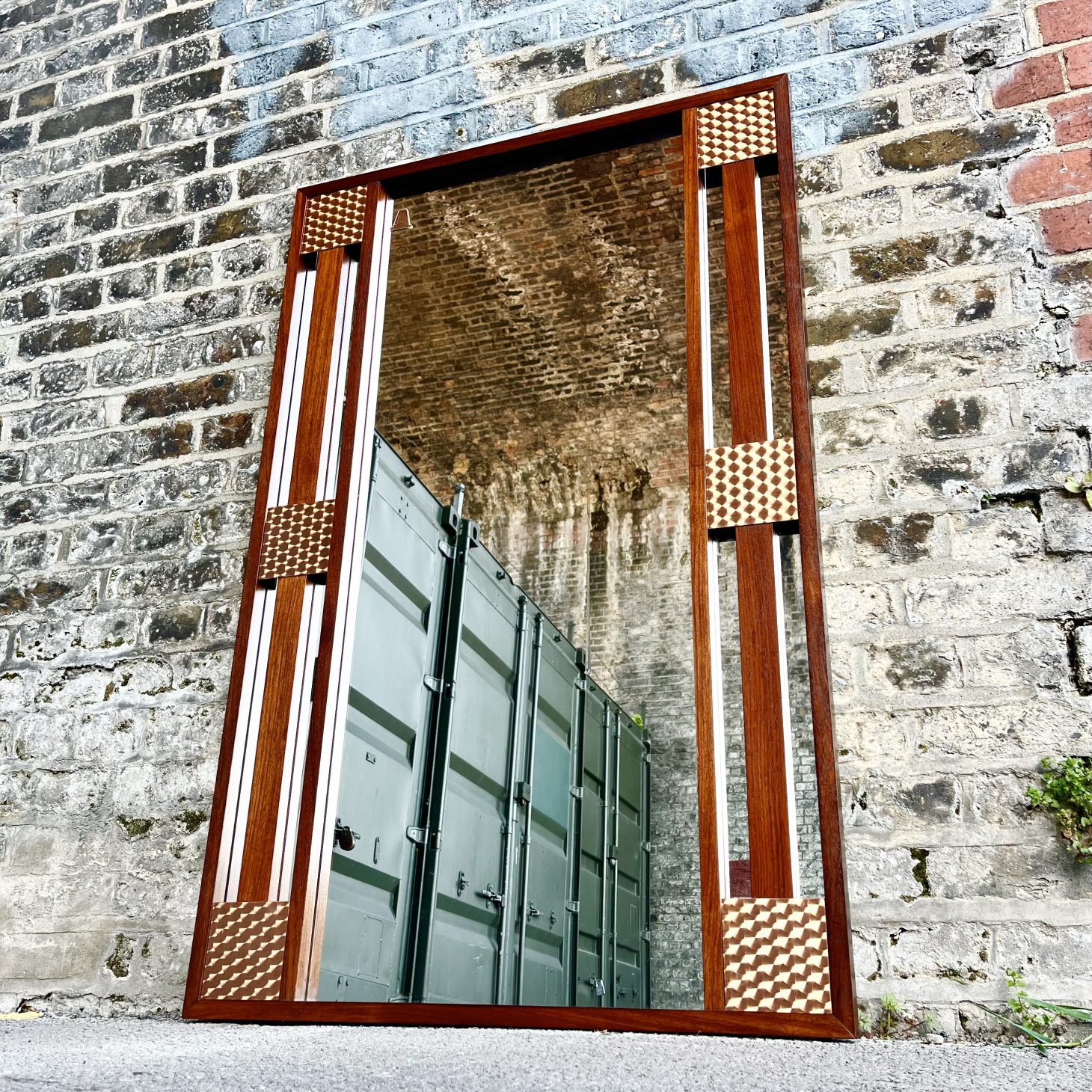 Large and Impressive Danish Teak Wall Mirror with Copper Reliefs, 1970s
