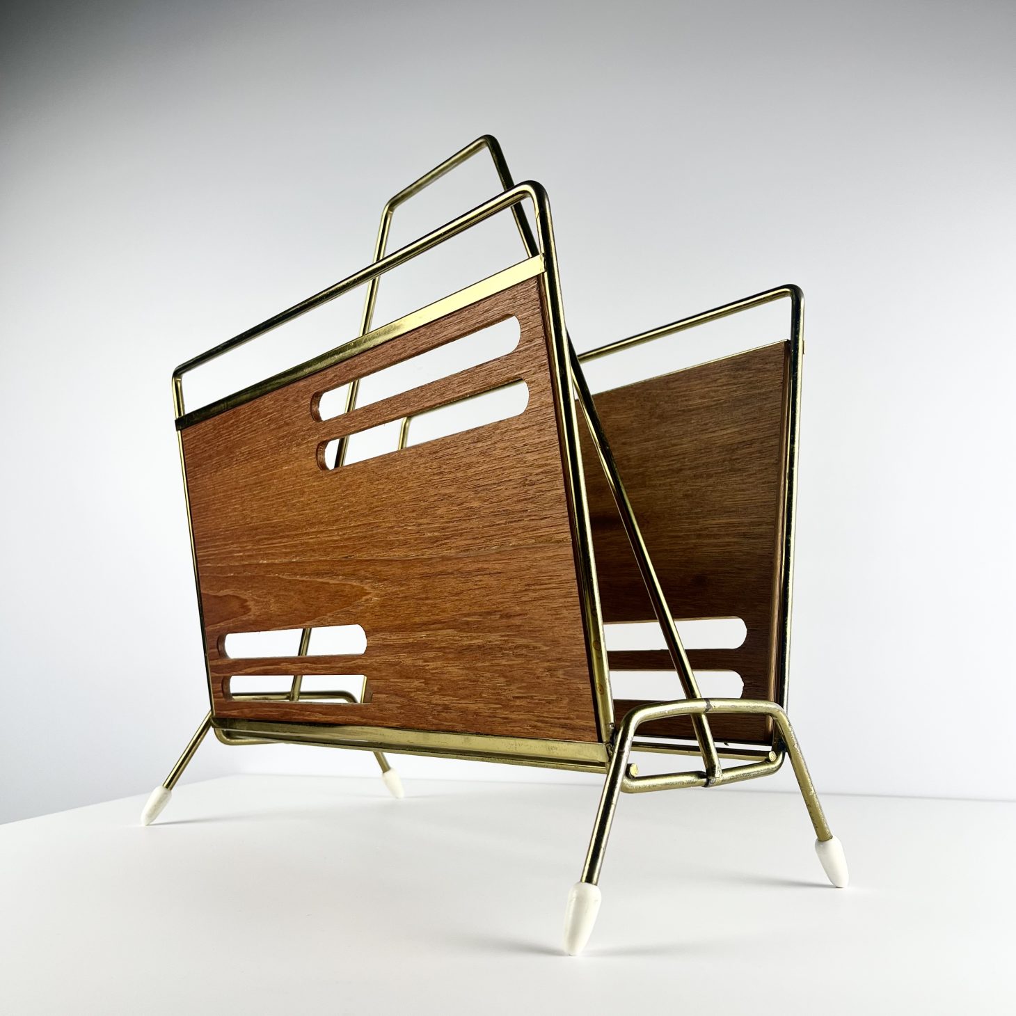 Ultra Stylish 1950s Magazine Rack, Teak & Brass