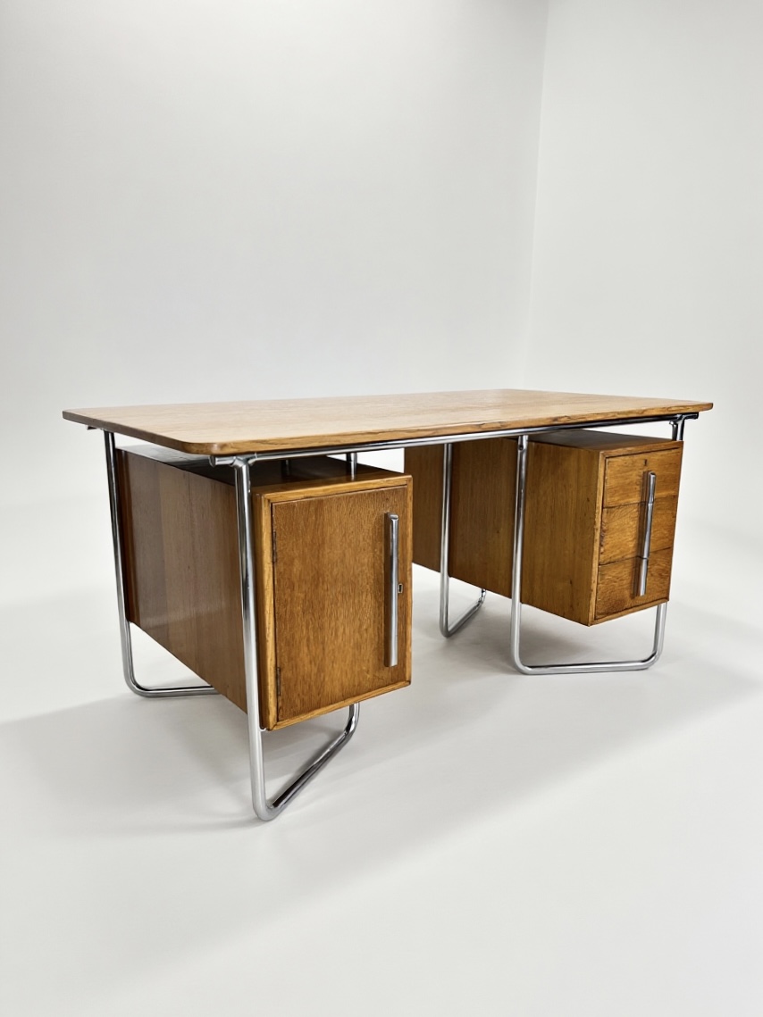 Oliver Percy Bernard for PEL Modernist Oak and Chrome Executive Desk, British c. 1931