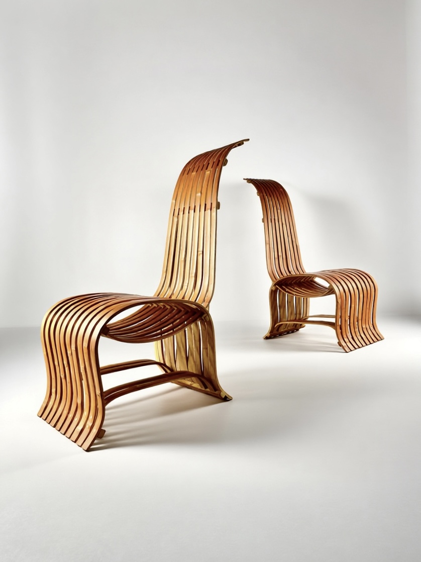 Sculptural Pair of Bent Bamboo Chairs, Norwegian 1970s