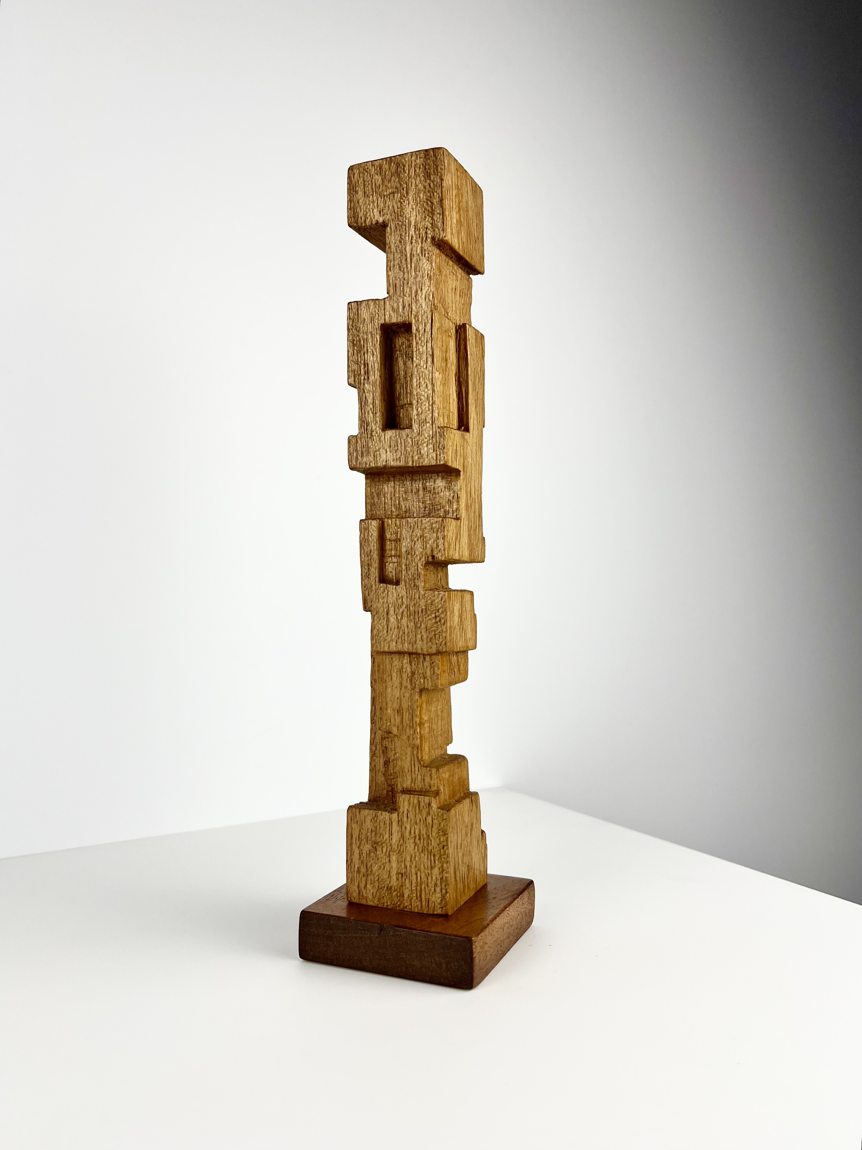 Small Abstract Softwood Sculpture on Mahogany Base, Initialled P. E.